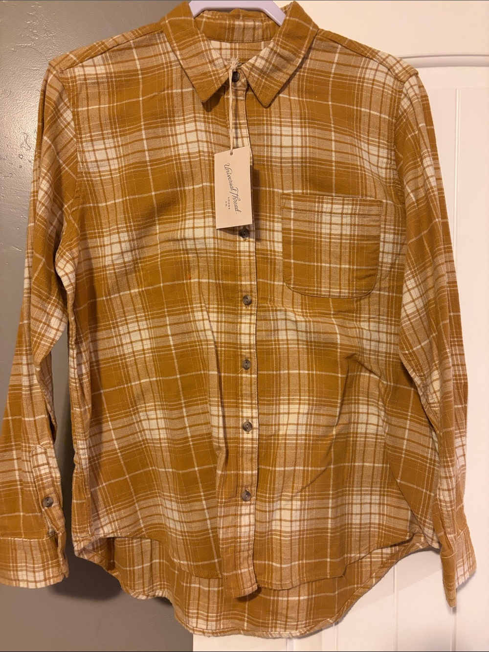 Universal Thread Men's Mustard and White Plaid Button-Down Shirt